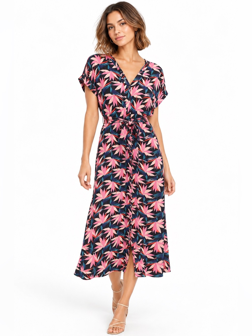 Boden Nicola Shirt Dress 12 Pink Navy Floral Midi Button Front Tropical Resort